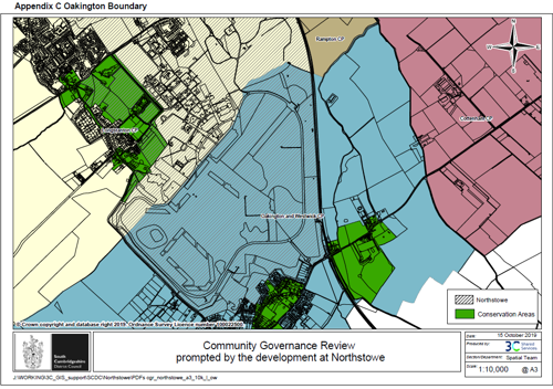 A map showing the Oakington boundary with a hyperlink to a larger version of the map