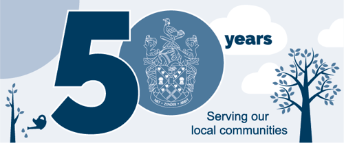 50 years anniversary South Cambs District Council graphic. Serving our local communities.