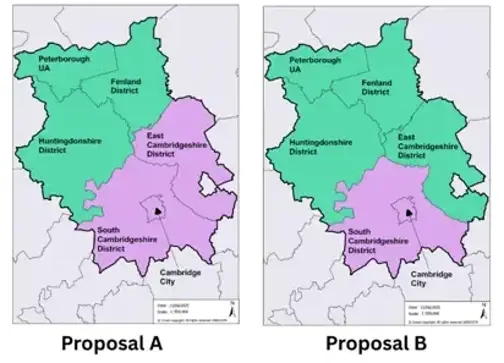 Side‑by‑side maps comparing Proposal A and Proposal B for local government boundaries. Both maps show the areas of Fenland District, Huntingdonshire District, East Cambridgeshire District, South Cambridgeshire District, and Cambridge City.