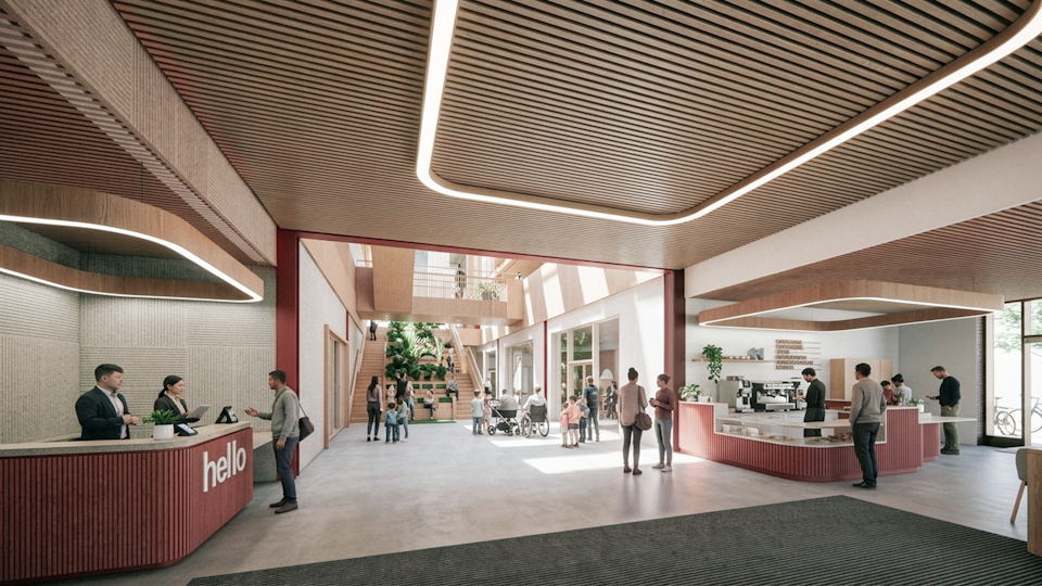 Artist's impression of the Northstowe Town Hub entrance and reception area, featuring an open-plan lobby with a reception desk, café counter, seating areas, a central staircase and people using the space.