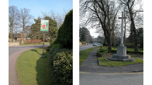 Two images representing Stapleford and Great Shelford. The Stapleford village sign is on one image and the Great Shelford war memorial is also on show.