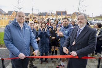 Official opening of the new Northstowe sports pavilion on Saturday 20th January 2024. From left - Mayor of Northstowe,  Cllr Paul Littlemoore from Northstowe Town Council with Council Chair Cllr Peter Fane. Picture: davidjohnsonphotographic.co.uk