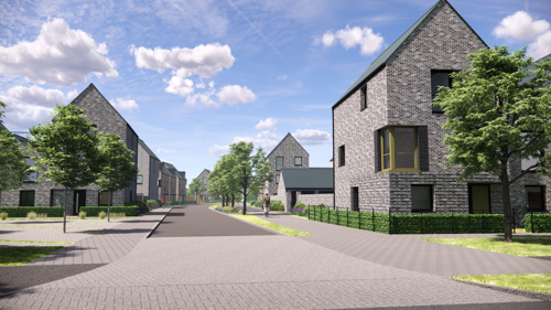 A computer‑generated image of a new residential neighbourhood showing a wide street lined with modern brick buildings, young trees and landscaped verges. The sky is bright with scattered clouds, and the area appears calm and well‑kept.