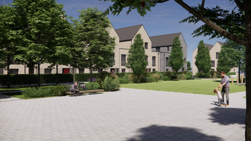 A computer‑generated image of a landscaped green space with trees, shrubs and benches, surrounded by modern brick homes. A paved area runs through the scene, and two people walk along it in the foreground.