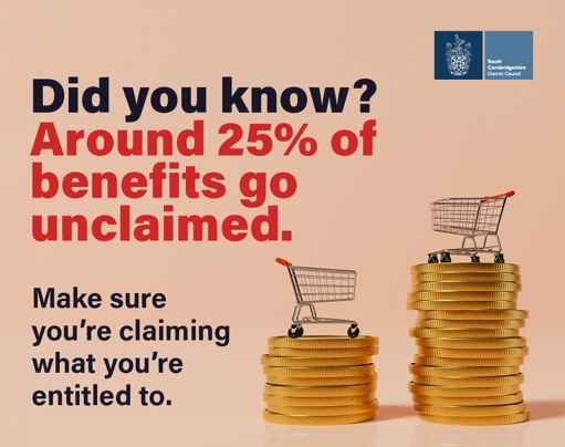 A graphic containing two shopping trolleys on some coins. It says that around 25% of benefits go unclaimed, and encourages people to claim what they're entitled to.